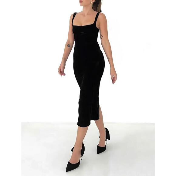 Rumored Black Velvet Runaway Cocktail Midi Dress XS Square Neck Party Bodycon - Picture 1 of 6